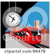 Poster, Art Print Of Red Light Rail Train Passing A Clock At A City Station