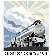 Poster, Art Print Of Retro Steam Engine Below The Sun Shining Over Mountains