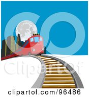 Poster, Art Print Of Red Train Passing Buildings And Coming Over A Hill
