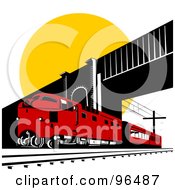 Royalty Free RF Clipart Illustration Of A Red Diesel Train Passing Under A Bridge Against The Sun by patrimonio