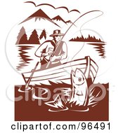 Royalty Free RF Clipart Illustration Of A Brown Scene Of A Fisherman In A Boat Reeling In A Fish On A Mountainous Lake