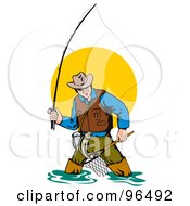 Royalty Free RF Clipart Illustration Of A Wading Fly Fisherman With A Net And Pole Against The Sun