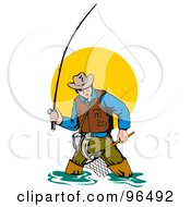 Poster, Art Print Of Wading Fly Fisherman With A Net And Pole Against The Sun