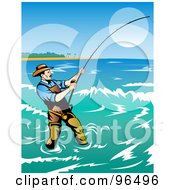 Royalty Free RF Clipart Illustration Of A Fisherman Casting His Line In The Coastal Surf