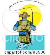 Poster, Art Print Of Rear View Of A Fly Fisherman Casting His Line Against The Sun