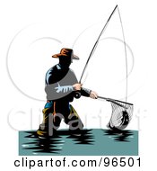 Poster, Art Print Of Wading Fisherman Scooping Up A Fish With A Net