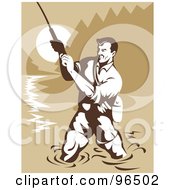 Poster, Art Print Of Strong Fisherman Wading In A River And Reeling In His Catch