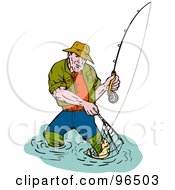 Poster, Art Print Of Fishing Man Scooping Up A Fish In A Net