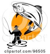 Large Trout Leaping Into The Air While Being Reeled In By A Wading Fisherman