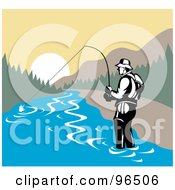 Royalty Free RF Clipart Illustration Of A Fisherman Wading In A Mountainous River