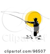 Fly Fisherman Silhouetted Against The Sun Casting His Line