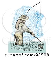 Poster, Art Print Of Sketched Fisherman Scooping Up A Fish In A Net