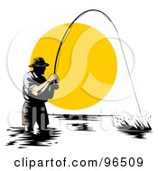 Royalty Free RF Clipart Illustration Of A Wading Fisherman Reeling In A Strong Fish At Sunset