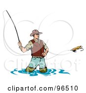 Poster, Art Print Of Wading Fly Fishing Man Casting His Line