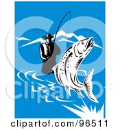 Royalty Free RF Clipart Illustration Of A Wading Fisherman Reeling In A Leaping Trout In A River