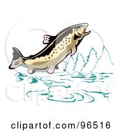 Royalty Free RF Clipart Illustration Of A Leaping Trout In A Mountainous Lake Or River