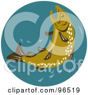 Royalty Free RF Clipart Illustration Of An Olive Green Trout Jumping Out Of Teal Water