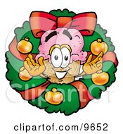 Clipart Picture Of An Ice Cream Cone Mascot Cartoon Character In The Center Of A Christmas Wreath