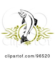 Royalty Free RF Clipart Illustration Of A Leaping Black And White Trout Over A Green Design