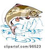 Royalty Free RF Clipart Illustration Of A Brown Trout Jumping Out Of The Water Of A Mountainous River