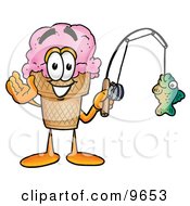 Clipart Picture Of An Ice Cream Cone Mascot Cartoon Character Holding A Fish On A Fishing Pole