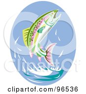 Royalty Free RF Clipart Illustration Of A Colorful Leaping Trout Over A Blue Oval