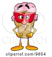 Ice Cream Cone Mascot Cartoon Character Wearing A Red Mask Over His Face