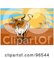 Royalty Free RF Clipart Illustration Of A Lone Bull In A Pasture At Sunrise