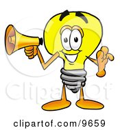 Poster, Art Print Of Light Bulb Mascot Cartoon Character Holding A Megaphone