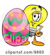 Poster, Art Print Of Light Bulb Mascot Cartoon Character Standing Beside An Easter Egg