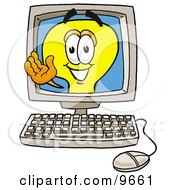 Poster, Art Print Of Light Bulb Mascot Cartoon Character Waving From Inside A Computer Screen