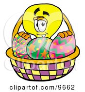 Poster, Art Print Of Light Bulb Mascot Cartoon Character In An Easter Basket Full Of Decorated Easter Eggs