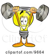 Poster, Art Print Of Light Bulb Mascot Cartoon Character Holding A Heavy Barbell Above His Head