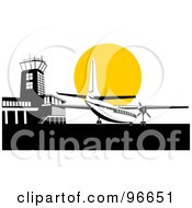 Poster, Art Print Of Commercial Airplane Against The Yellow Sun At The Airport
