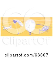 Poster, Art Print Of Small Airplane Parachuter Hot Air Balloon And Helicopter In An Orange Sky