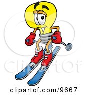 Poster, Art Print Of Light Bulb Mascot Cartoon Character Skiing Downhill