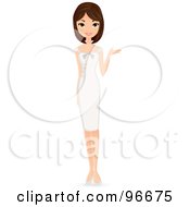Poster, Art Print Of Pretty Brunette Woman In A Formal White Gown Presenting With One Hand