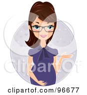 Royalty Free RF Clipart Illustration Of A Brunette Pregnant Woman In A Purple Blouse Presenting With One Hand Over A Purple Oval by Melisende Vector