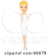 Poster, Art Print Of Blond Woman Standing In A White Dress And Presenting With One Hand