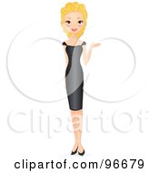 Poster, Art Print Of Pretty Blond Woman Presenting With Her Hand And Wearing A Black Dress