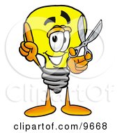 Light Bulb Mascot Cartoon Character Holding A Pair Of Scissors by Mascot Junction