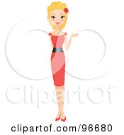 Pretty Blond Woman Presenting With Her Hand And Wearing A Red Dress