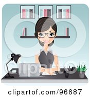 Poster, Art Print Of Beautiful Secretary Pointing To A Blank Board Behind Her Desk
