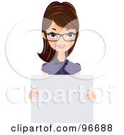 Pretty Brunette Receptionist In A Purple Blouse And Glasses Holding A Blank Sign