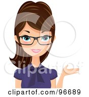 Poster, Art Print Of Brunette Receptionist In A Purple Blouse And Glasses Presenting With One Hand