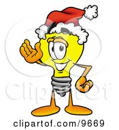 Poster, Art Print Of Light Bulb Mascot Cartoon Character Wearing A Santa Hat And Waving