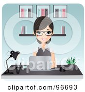 Poster, Art Print Of Beautiful Secretary Typing On A Laptop At An Office Desk