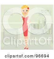 Poster, Art Print Of Beautiful Blond Woman In A Red Dress Standing In A Living Room