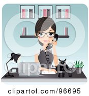 Poster, Art Print Of Pretty Brunette Receptionist Wearing Glasses And Holding A White Phone