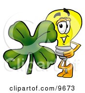 Poster, Art Print Of Light Bulb Mascot Cartoon Character With A Green Four Leaf Clover On St Paddys Or St Patricks Day